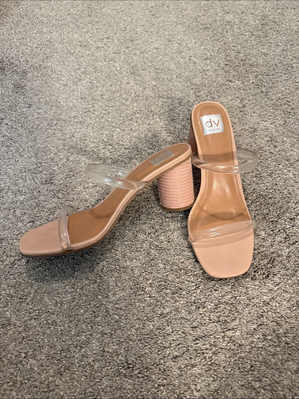 DV by Dolce Vita Blush Nude Square-Toe Clear-Strap Block Heels
